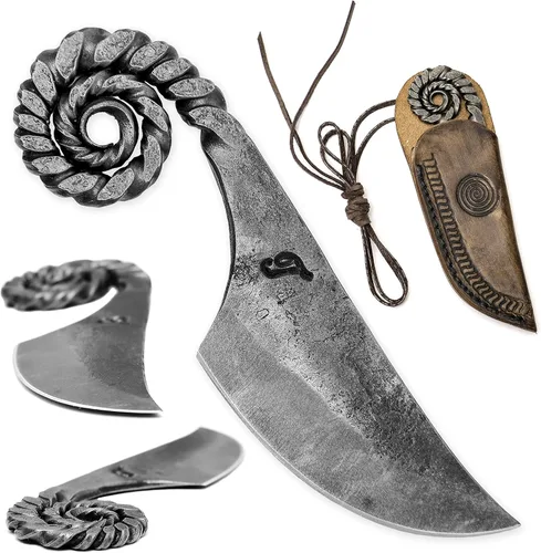 Toferner Cuchillo de bolsillo celta, cuchillo forjado a mano con funda de cuero para el cuello, hoja endurecida, vintage, colección de arte antiguo,