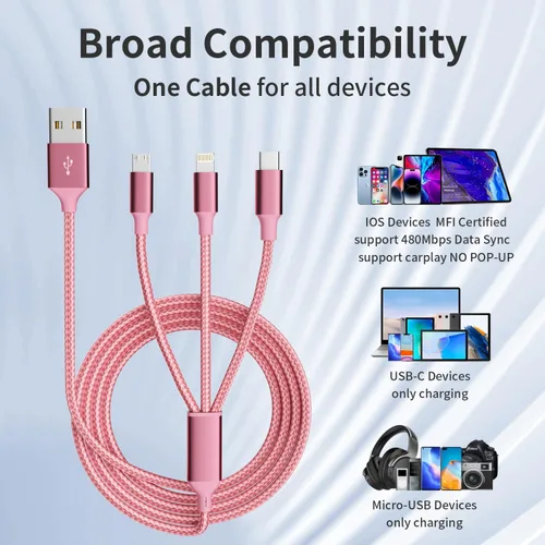 Miniatura 6 de Cable de carga múltiple, (paquete de 2 cables de 4 pies), cable de carga 3 en 1 para múltiples dispositivos, cable de carga universal de nailon Rosa