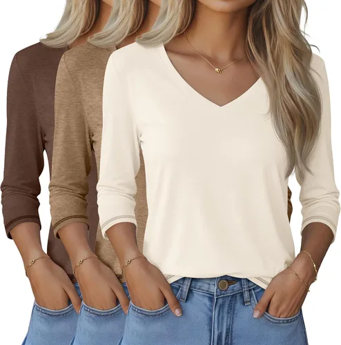 Miniatura 34 de Ficerd Paquete de 3 camisetas de manga 3/4 para mujer, cuello en V, blusas holgadas, blusas casuales, ropa de moda 2026