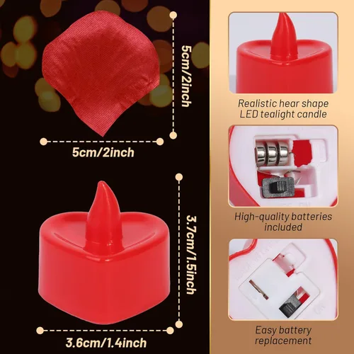 Miniatura 4 de Cridoz - Pétalos de rosa artificiales para noche romántica - Pétalos de rosa roja artificiales con velas LED para decoración, boda, día de San Rojo