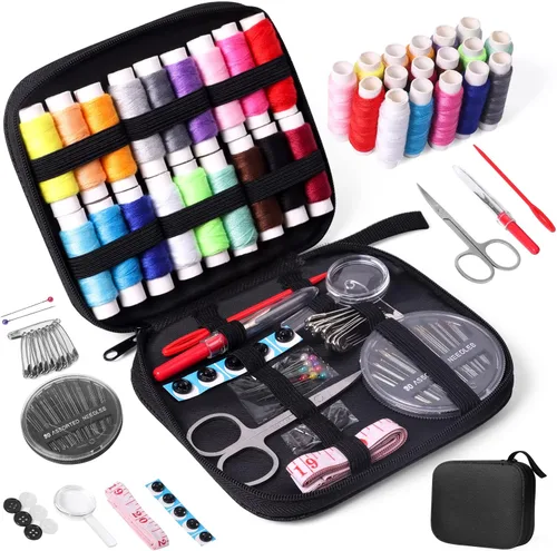 Miniatura 9 de JUNING Kit de costura con estuche negro, suministros de costura portátiles para el hogar, viajes, adultos, principiantes, emergencias, 42 hilos
