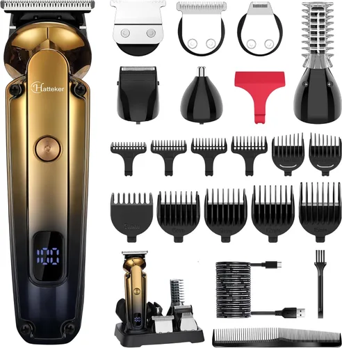 Hatteker Kit de recortadora de barba para hombres, afeitadora eléctrica profesional con recortador de pelo sin huecos, recortador de nariz, oreja,