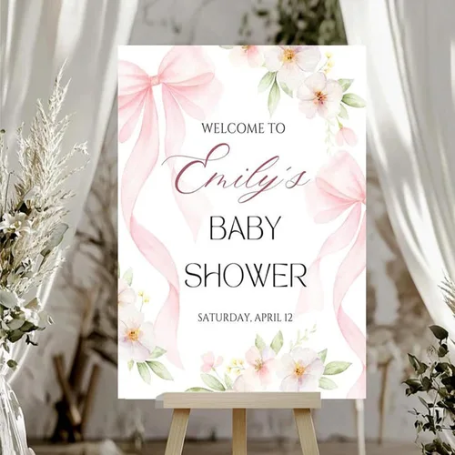 Miniatura 18 de Letrero de bienvenida personalizado con lazo rosa, editable imprimible para fiesta de bebé, letrero de baby shower con lazo rosa #12 Baby Shower #12