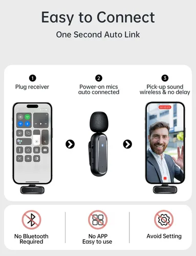 Miniatura 6 de Micrófono inalámbrico Lavalier para iPhone iPad con estuche de carga 7H Clip en el micrófono de solapa inalámbrico, paquete de 2 micrófonos