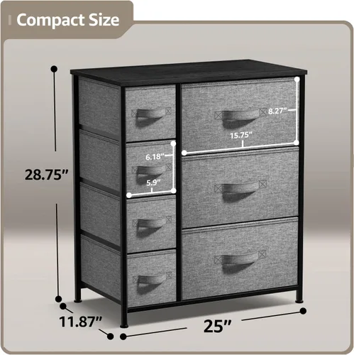 Miniatura 3 de Sorbus - Cómoda con 7 cajones: mueble organizador en torre con marco de acero, parte superior de madera, contenedores de tela fáciles de jalar