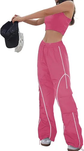 Allytok Pantalones de paracaídas para mujer, pantalones cargo holgados Y2K con bolsillos, pantalones modernos de pierna ancha