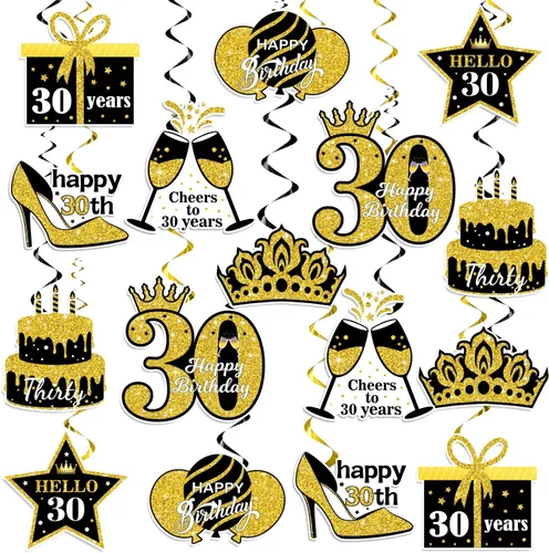 Decoraciones de cumpleaños número 30 para mujer, espirales colgantes de color negro y dorado, decoraciones de cumpleaños de 30 para ella, decoración