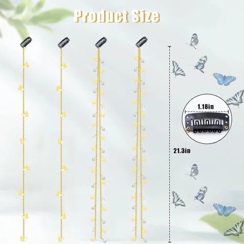 Miniatura 2 de 4 cadenas trenzadas de cabello de mariposas, joyas para el cabello con diamantes de imitación, pinzas para el cabello de mariposas, accesorios