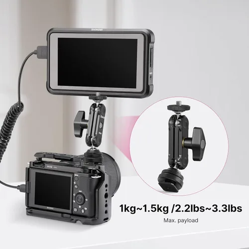 Miniatura 7 de R098 Cold Shoe Monitor Mount, 1/4 "Rotable Dual Ballhead Hot Shoe Mount Micrófono Luz de relleno Monitor de cámara Soporte giratorio Compatible