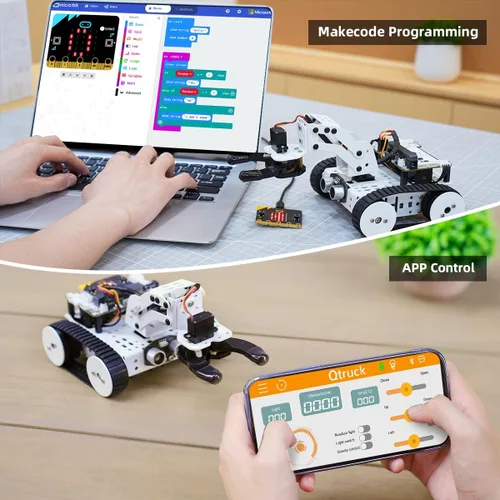 Miniatura 2 de Qtruck - Robot inteligente 4 en 1 para programación Micro:bit V2, proyecto STEM, kit de robot educativo, auto tanque rastreado para principiantes