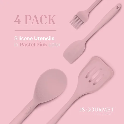 Miniatura 2 de Juego de 4 utensilios de silicona – Espátula de goma, cepillo de repostería, espátula ranurada y paleta de arroz – Juego completo resistente al Rosa