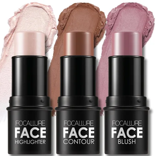 FOCALLURE 3 barras de contorno en crema, tonos con iluminador, colorete bronceador, no graso de larga duración, fácil de esculpir la cara y crear un