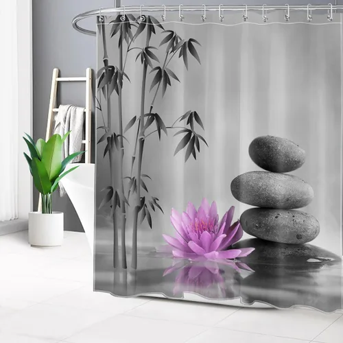 Miniatura 18 de LB Cortina de ducha de spa Zen azul y gris, piedra de bambú gris con flor de lirio de agua azul, cortina de ducha moderna para spa, decoración