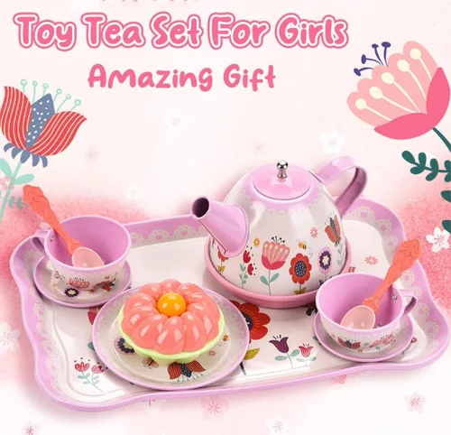 Miniatura 5 de Lajeje Juego de té de simulación para niñas pequeñas de 3 a 8 años, 19 piezas de juguetes de cocina con temática de flores para niños pequeños