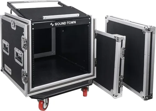Miniatura 11 de Sound Town Black Series Shock Mount 8U ATA Estuche de Rack de Madera Contrachapada con Profundidad Rackable de 21", Herrajes Anodizados y Ruedas