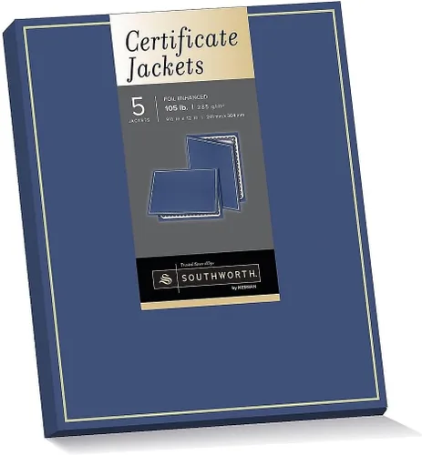 Miniatura 4 de Southworth Certificate Jacket, lámina dorada mejorada, 9.5 x 12 pulgadas, 105 libras, acabado de fieltro azul marino, 5 unidades (PF6), Azul