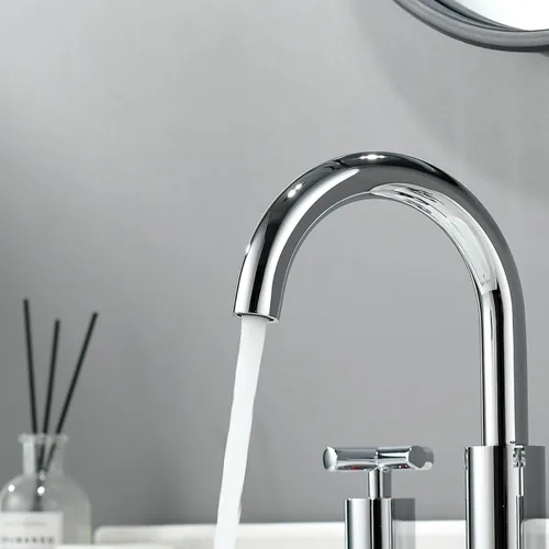 Miniatura 5 de 2 grifos de lavabo de baño dorados con mango cruzado con drenaje de residuos para fregadero de cubierta de 3 agujeros, acabado de espejo cromado