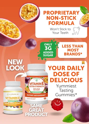 Miniatura 5 de Lunakai Paquete de gomitas de vitamina D3 y vitamina E - Gomitas de apoyo para la inmunidad, los huesos y el estado de ánimo, 250 mg 1000 iu