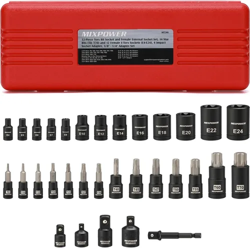 Miniatura 8 de MIXPOWER Juego de 25 puntas y dados Torx, 13 puntas de estrella (T8- T60) y 12 enchufes E-Torx (E4-E22), juego de mecánico de automóviles