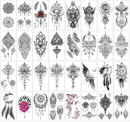 32 hojas de calcomanías temporales para mujer, diseño de mandala de plumas de henna, tatuajes temporales para mujeres
