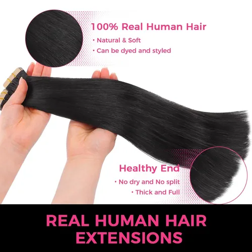 Miniatura 3 de Lashey Extensiones de cabello humano real con cinta, 3.53 oz/paquete, 40 unidades, color negro natural, lacio, de 18 pulgadas, cinta invisible