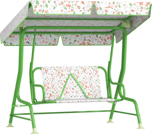 Qaba Columpio de patio para niños, 2 plazas para porche al aire libre con toldo ajustable, cinturón de seguridad, banco colgante con patrón de zorro