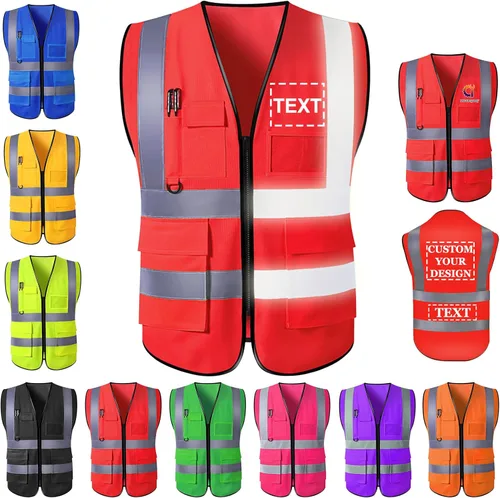 Miniatura 8 de Chaleco de seguridad personalizado para hombres con bolsillos de logotipo, ropa de trabajo protectora personalizada de alta visibilidad con tira