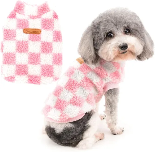 Zunea Abrigo mullido para perros pequeños, hembras y niños, chaqueta de invierno de forro polar cálido, abrigo a cuadros, ropa mullida para Rosado