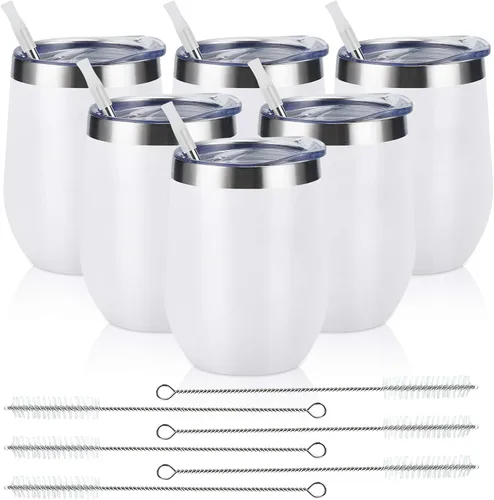 Miniatura 25 de Paquete de 12 vasos de vino de acero inoxidable, 12 onzas, doble pared, aislados al vacío, con tapas y pajitas, copas de vino sin tallo de acero Oro