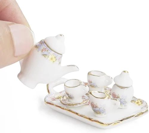 Odoria Juego de té de porcelana en miniatura 1/12, 8 piezas, accesorios de decoración de casa de muñecas