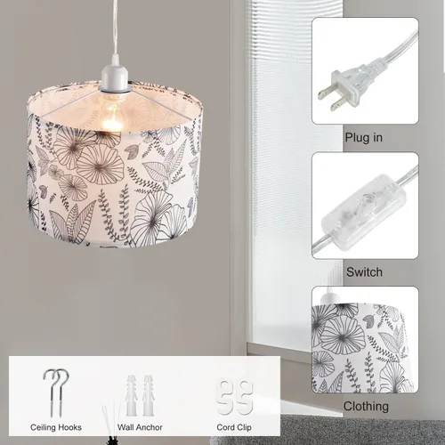 Miniatura 5 de Paquete de 2 Lámparas Colgantes Enchufables, Luz Colgante con Cable Transparente de 15 Pies, Interruptor de Encendido/Apagado, Pantalla de Lámpara