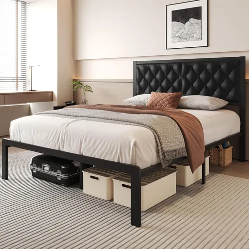 Miniatura 3 de Base de cama Fluest tamaño Queen con cabecero, base de cama tapizada en cuero PU, plataforma con soporte de listones metálicos, base de cama