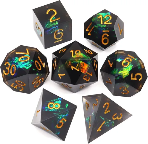 Miniatura 9 de Haxtec Juego de dados brillantes de borde afilado, dados DND de resina hechos a mano con inclusión de Mylar iridiscente, mezcla de color morado Azul