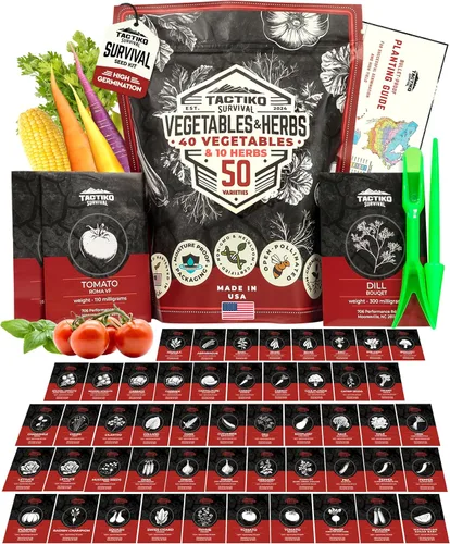 50 Kit de semillas de Tactiko Survival de vegetales, hierbas y frutas - Variedades cosechadas en EE. UU. - Más de 35,000 semillas no transgénicas de