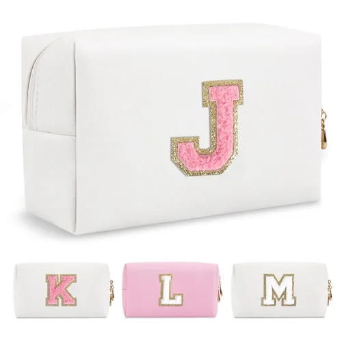 Miniatura 141 de Pequeña bolsa de maquillaje personalizada con inicial A-Z Preppy Patch, bolsa de cosméticos de viaje de felpilla blanca con cremallera, bonita bolsa