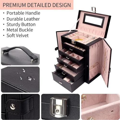 Miniatura 4 de FEIYAN Joyero organizador grande con estuche de viaje pequeño, caja negra de espejo de 6 capas con cajones para mujer