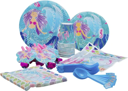Paquete de fiesta temática de sirena, platos de papel desechables, vasos, servilletas, tenedores, cucharas, bolsas de regalo y sopladores de fiesta,