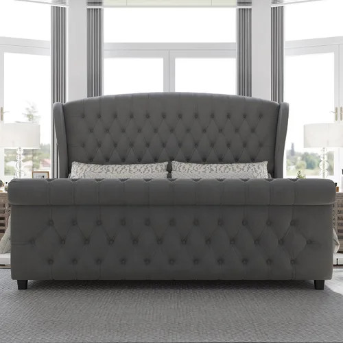 Miniatura 3 de AMERLIFE - Marco de cama tamaño King con plataforma, cama de estilo trineador tapizada en terciopelo con cabecero y pie de cama con alas onduladas