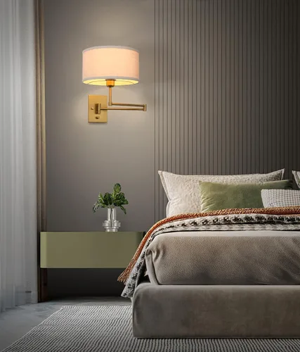 Miniatura 5 de Aplique de pared de tela textil de lino vintage Swing Arm, Adjustable, with on/Off Switch, Brass Gold Wall Mounted Lamp, Reading Light Fixture for