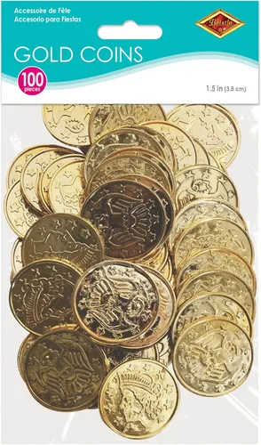 Miniatura 5 de Beistle 100 monedas de plástico dorado pirata en relieve, suministros temáticos occidentales, recuerdos de fiesta de casino, 1.5 pulgadas Embossed