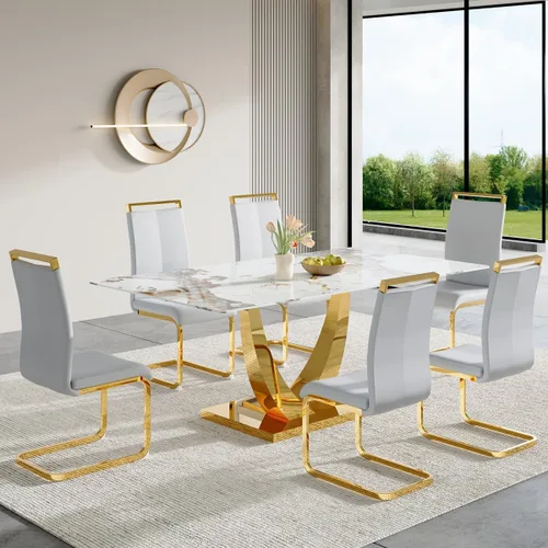 Miniatura 32 de Juego de mesa de comedor para 4, mesa de comedor de mármol sintético de 63 pulgadas con patas y base de acero inoxidable, sillas acolchadas