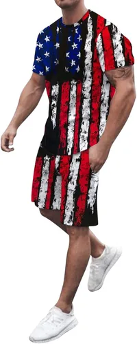 Conjunto deportivo para hombre del 4 de julio, ajuste holgado, estampado de rayas y estampado vintage, camiseta con pantalones cortos de verano, 2