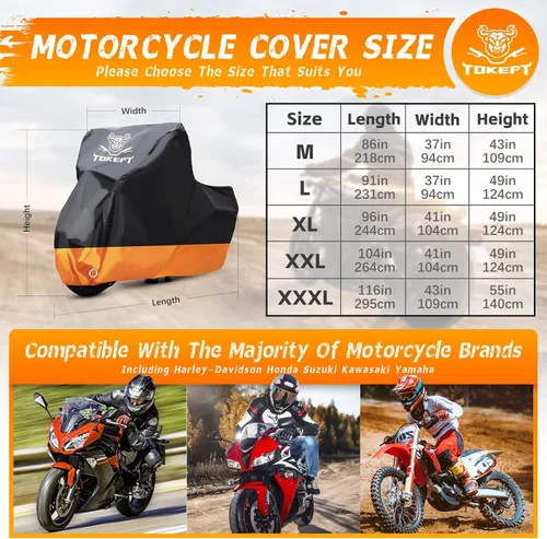 Miniatura 2 de Cubierta para motocicleta Tokept, impermeable para todas las estaciones y protección solar al aire libre, tamaño hasta 96 pulgadas