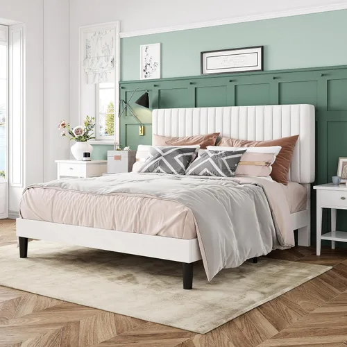 Miniatura 3 de Allewie Base de cama tamaño matrimonial, cama de plataforma tapizada de terciopelo con cabecera capitoné de canal vertical ajustable, base de Blanco