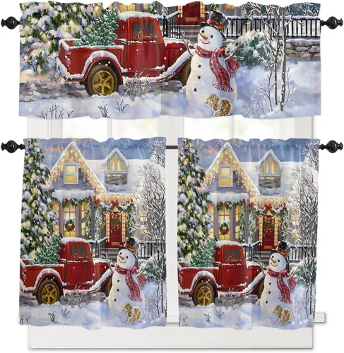 Miniatura 17 de Cortina de Navidad con diseño de árbol de Navidad, muñeco de nieve para ventana de cocina, camión rojo, para decoración de baño, sala de estar, 2
