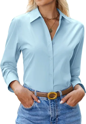 Miniatura 12 de siliteelon Camisa con botones para mujer: camisa de vestir con cuello de manga larga de algodón con botones, blusa de trabajo y oficina