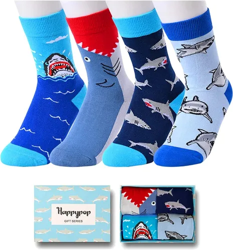 HAPPYPOP Calcetines a la pantorrilla para niños, diseño de tiburón loco, diseño espacial, deportes, animales, comida