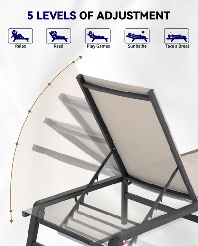 Miniatura 7 de Tumbona de aluminio para exteriores, silla plegable para patio, 2 juegos, sin montaje, sillas de piscina con 5 respaldos ajustables, sillas de salón