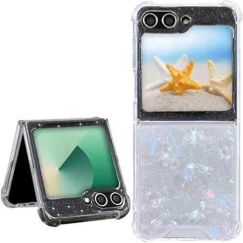 Miniatura 20 de Abbery Funda transparente para Samsung Galaxy Z Flip 3 5G, transparente y con diseño de purpurina bonita con purpurina floral prensada de Rosa