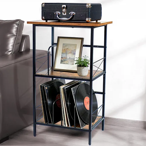 Miniatura 8 de Soporte para tocadiscos con 4 divisores ajustables, almacenamiento de discos de vinilo con capacidad para 200 LPs, mesa auxiliar de 3 capas, mesa
